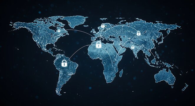 Digital map with interconnected nodes and locks representing global security networks