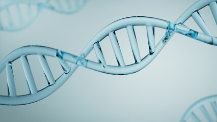 3D transparent DNA helix with glowing particles, symbolizing biotech, genetics, and advanced skincare. Ideal for science or beauty campaigns.