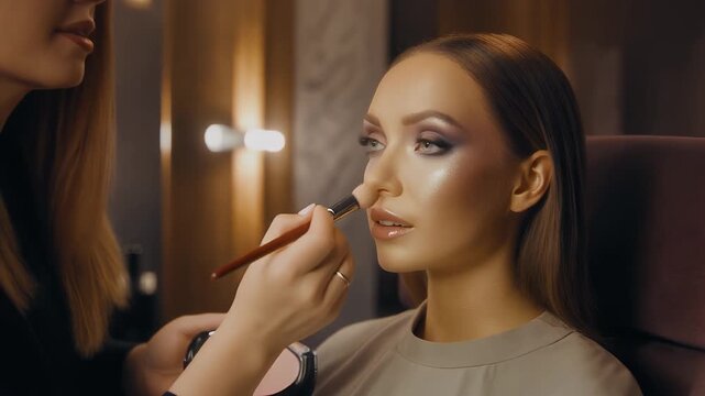 Professional Makeup Application, Woman Getting Glamorous Look with Makeup Artist at Beauty Salon