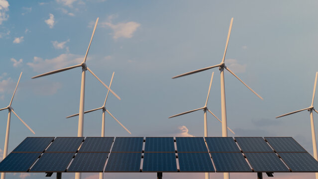 Renewable energy from solar panels and wind turbines with digital data, Green alternative energy concept.