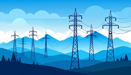 Cartoon-style illustration of power lines against blue mountains