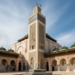 Hassan II Mosque Minaret and Courtyard in Casablanca, Morocco.