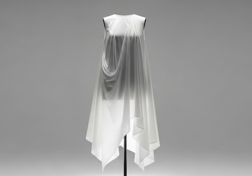 A white avantgarde dress with flowing layers displayed on a mannequin against a neutral gray background mockup - Powered by Adobe