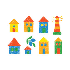 Colorful Crayon Houses and Lighthouse Illustration