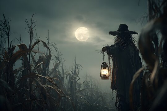 Spooky scarecrow holding glowing lantern in foggy cornfield under full moon creating eerie Halloween atmosphere