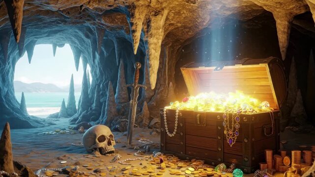 Ancient treasure chest overflows with gold coins and jewels in a hidden pirate cave 4k high quality footage