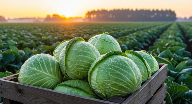 A wooden crate filled with fresh green cabbage heads in a field of cabbage plants at sunset.