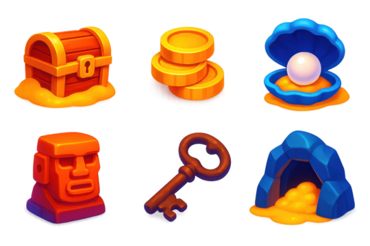 Hidden Island Treasures. 3D icon set of hidden island treasures: buried chest, golden coins, pearl shell, ancient idol, rusty key,