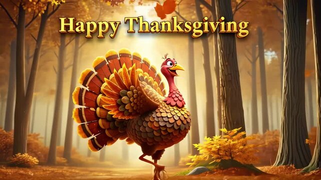 A dancing animated turkey with thanksgiving themed autumn leaf feathers in a glowing forest background