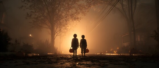 Two children with candy buckets await trick or treaters on a foggy, lantern-lit Halloween street.
