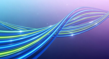 Abstract Glowing Blue and Green Wave Lines on Gradient Purple Background with Futuristic Digital Art Style up to 150 Characters