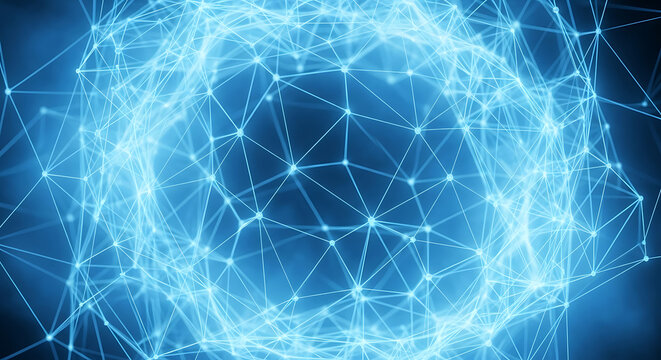 Glowing Blue Network Connection Sphere Abstract Background with Interconnected Lines and Dots Forming Digital Web to 150 Characters