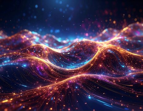 Digital landscape with vibrant glowing waves of orange and blue light, abstract concept