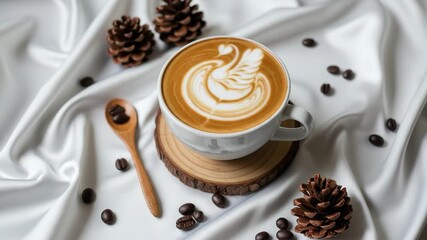 Savor a warm moment with artistic latte art and cozy pinecones, a perfect serene coffee break. 4k high quality footage