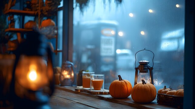 Cozy autumnal evening ambiance with glowing lanterns, fresh pumpkins, and warm drinks by a rain-streaked window creating a perfect fall atmosphere.