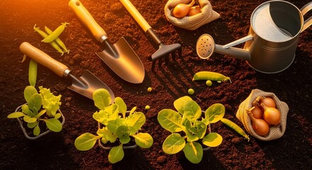 Gardening Tools and Seedlings on Soil - A Gardeners Delight.