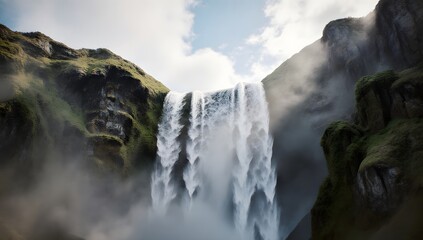 A powerful waterfall cascades down rocky cliffs in a misty landscape.