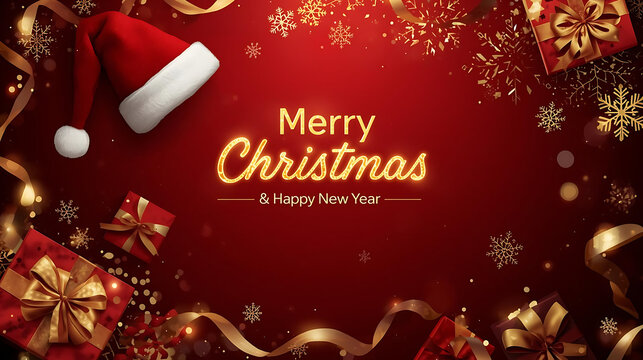 Fototapeta Luxurious Christmas Greeting with Gold Ornaments on a Red Background for flayers, banners, backgrounds, greetings, text space