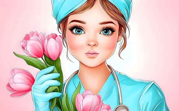 Smiling female nurse in scrubs holding pink tulips, showcasing compassion and care in a bright, cheerful environment with a soft pink background, symbolizing hope and healing