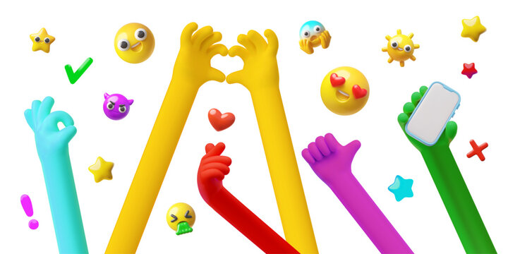 Colorful hands gestures with emoji emoticons 3D vector background, hand with smartphone, heart shape gesture, thumbs up