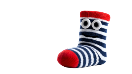 Cute striped sock with googly eyes isolated on transparent background