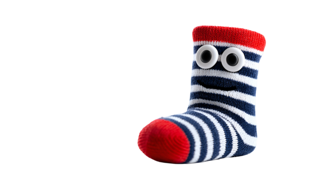 Cute striped sock with googly eyes isolated on transparent background