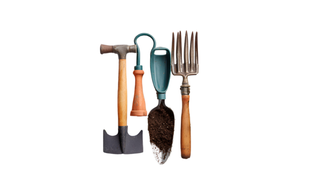 Antique gardening tools arranged together isolated on transparent background