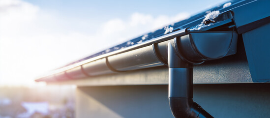 sleek roof gutter and downpipe with snow on modern home architectural detail system 