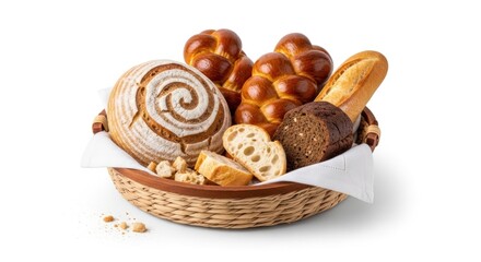 A basket of various breads and pastries in a wicker basket on a white background.