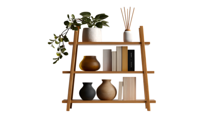Wooden tiered shelf with decorative objects and books isolated on transparent background