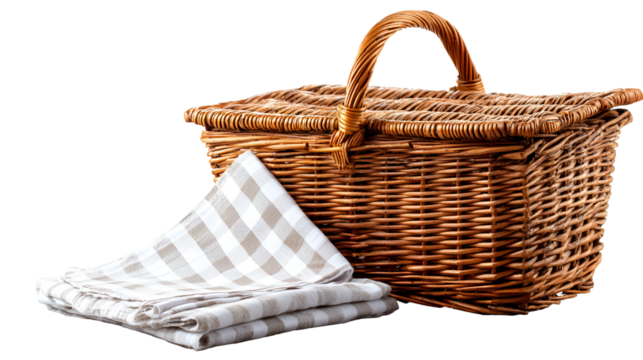 Wicker picnic basket with folded checkered cloth isolated on transparent background