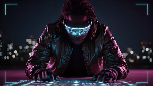 Man wearing glowing visor leans forward. Neon vr display reflects across face. Cyber gaming atmosphere dominates night city urban rooftop. Technology focus highlights virtual interface and neon