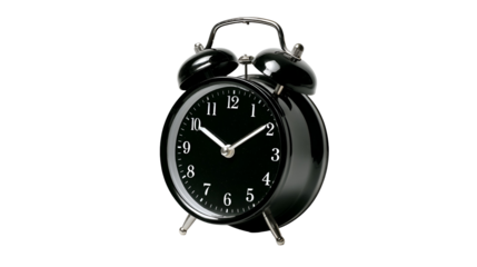 Vintage black alarm clock isolated on transparent background