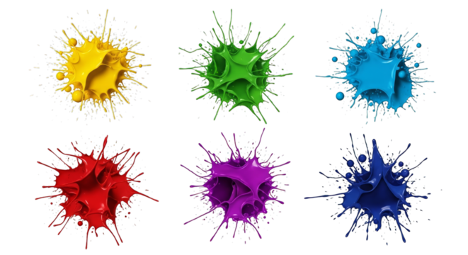 Colorful paint splashes vibrant liquid explosion isolated on transparent background
