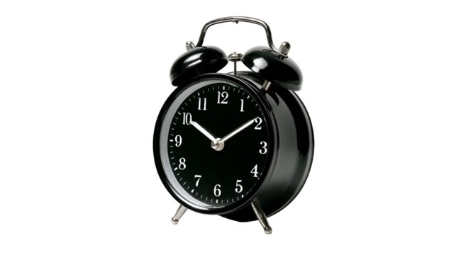 Vintage black alarm clock isolated on transparent background