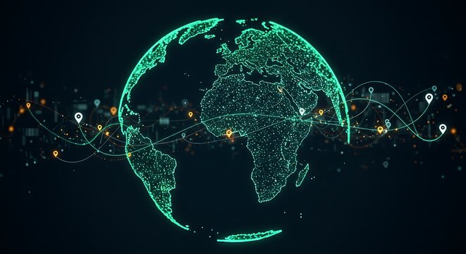 Digital rendering of Earth globe with glowing lines, dots, and location markers on a dark background