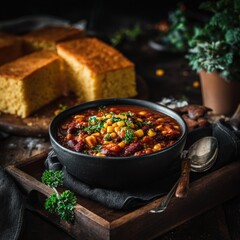 Chili and cornbread rustic meal