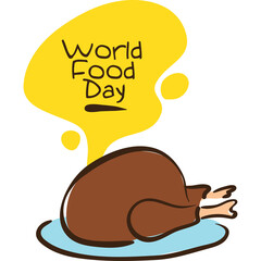 Celebration Of World Food Day With Roasted Turkey On Blue Plate In Yellow Speech Bubble With Text World Food Day And Simple Drawing Style