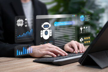 AI Technology for Business Analysis and Optimization concept,  Businesswoman Analyzing Organizational Management, Financial Data, Human Resources, Online Marketing Performance, Target marketing