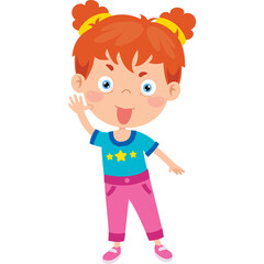 Cartoon Young Girl With Red Hair In Twin Buns Wearing A Blue T Shirt And Pink Pants Waving Hello