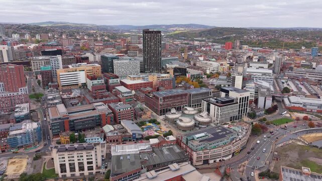 Aerial view high above Sheffield cityscape skyline centre in South Yorkshire, UK
