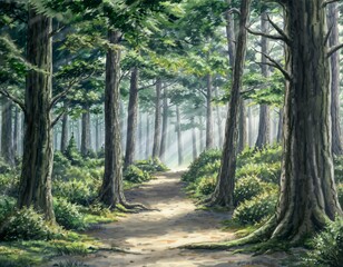 Fototapeta premium Peaceful forest pathway with tall ancient trees and soft sunlight rays, serene woodland landscape illustration in natural green tones, tranquil nature painting, calming outdoor scenery,