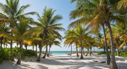 Naklejka premium Lush palm trees frame a sandy beach, sunny day. Ocean visible in the distance