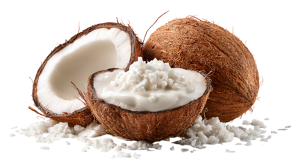 Fresh coconut halves with shredded coconut isolated on transparent background