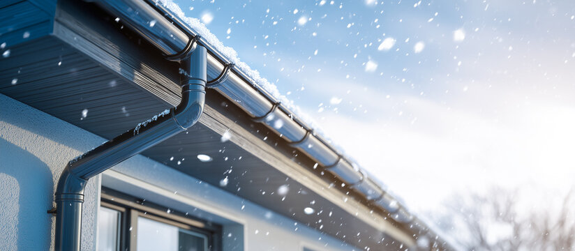 sleek roof gutter and downpipe with snow on modern home architectural detail system 