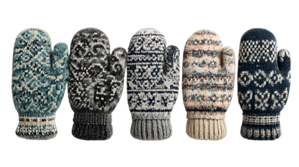 Five fair isle knitted mittens with traditional patterns isolated on transparent background
