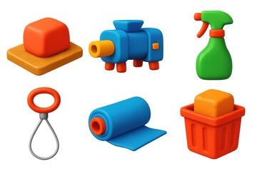 Clay Preparation Icons. 3D icon set of clay preparation gear: wedging board, pugmill, wire loop, spray bottle, plastic wrap, clay