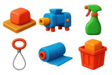 Clay Preparation Icons. 3D icon set of clay preparation gear: wedging board, pugmill, wire loop, spray bottle, plastic wrap, clay