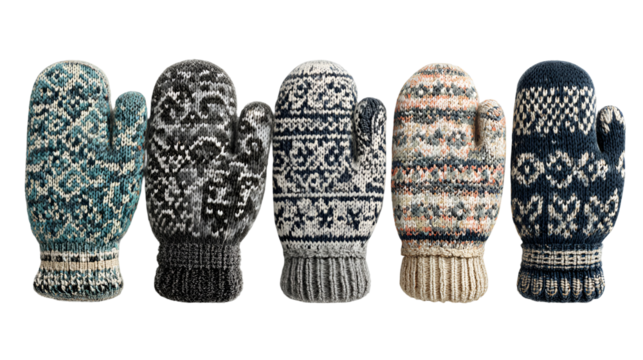 Five fair isle knitted mittens with traditional patterns isolated on transparent background
