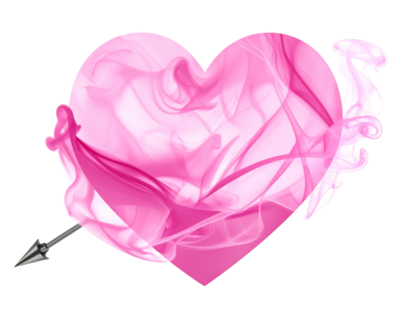 A vibrant pink heart comprised of swirling, translucent smoke, pierced by an arrow against a black background